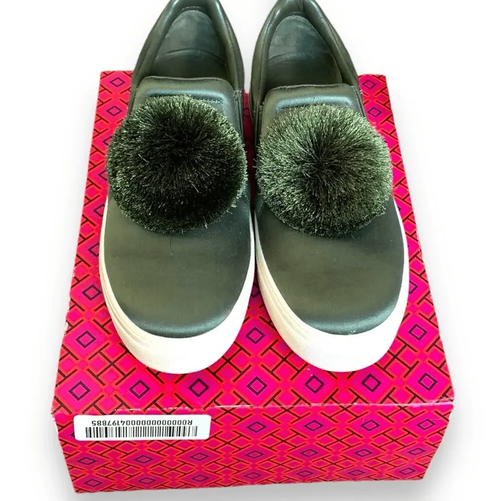 Tory Burch Daphne Pom Pom Satin Lux‎ Slip On Sneaker Green Size 8 New With Box